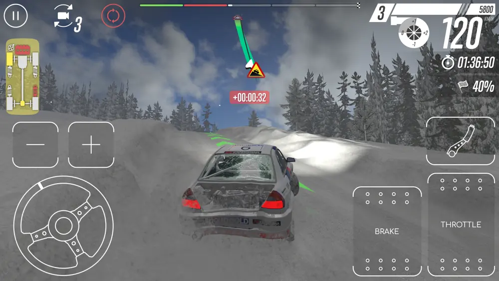 CarX Rally in gara su una prova speciale innevata: volante virtuale a sinistra dello schermo, freno e acceleratore a destra. L'immagine che riassume la domanda del sito, quanto della guida è tua e quanto è un pulsante disegnato sul vetro