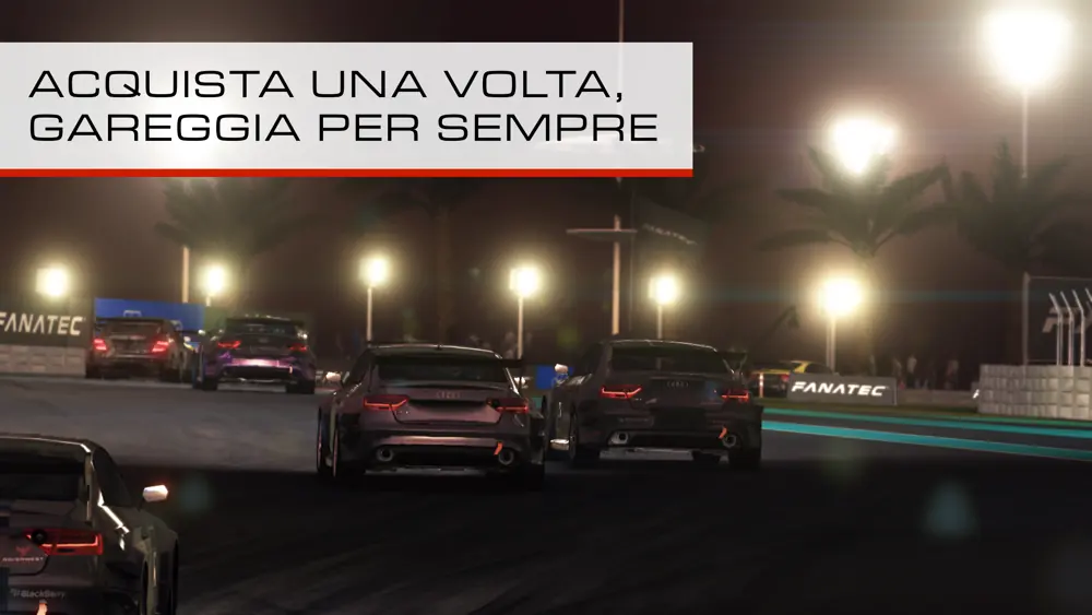 Gara notturna di GRID Autosport su iPhone, vetture da turismo illuminate dai fari del circuito, con la scritta promozionale Acquista una volta gareggia per sempre